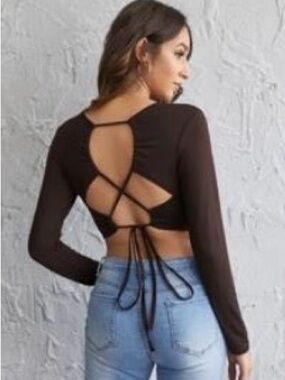 Shein Long-Sleeve Lace-Up Back Crop Top